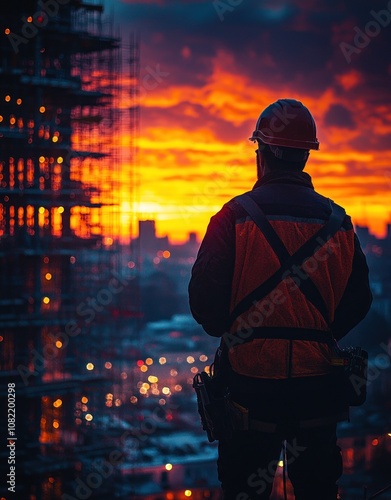 Construction worker silhouetted against vibrant sunset standing on steel framework at a high-rise construction site Generative AI