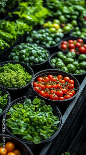 A garden rooftop in an urban environment, with vegetables and flowers growing, showcasing urban farming potential. Use textures to emphasize the plants’ freshness