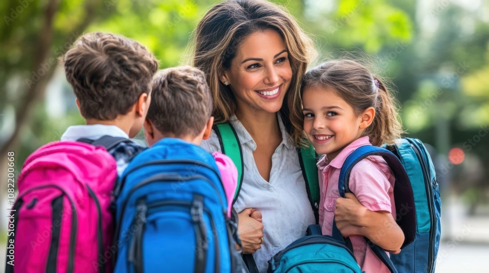 Happy Mother and Children Smiling Together Outside with Colorful Backpacks, Enjoying a Playful Moment in a Park Setting, Celebrating Family Bonding and Joyful Times Happy Mother and Children Smiling Together Outside with Colorful Backpacks, Enjoying a Playful Moment in a Park Setting, Celebrating Family Bonding and Joyful Times