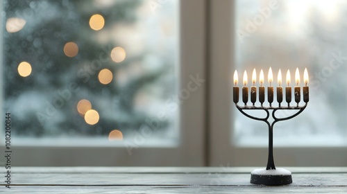 Festive Hanukkah Menorah with Burning Candles Winter Window Background photo