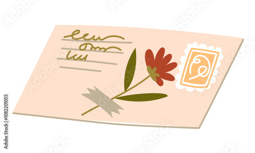 A letter in a postal envelope with a postage stamp and a flower. A letter made of kraft paper for postcards, letters and envelopes. Vector illustration of a cute gift envelope with a herbarium. Flat