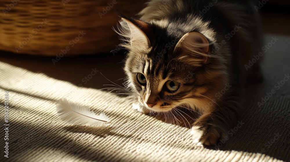 Curious Cat Stealthily Approaches Feather on Sunlit Floor, Highlighting Playful Moments in Feline Behavior and Indoor Environment Curious Cat Stealthily Approaches Feather on Sunlit Floor, Highlighting Playful Moments in Feline Behavior and Indoor Environment