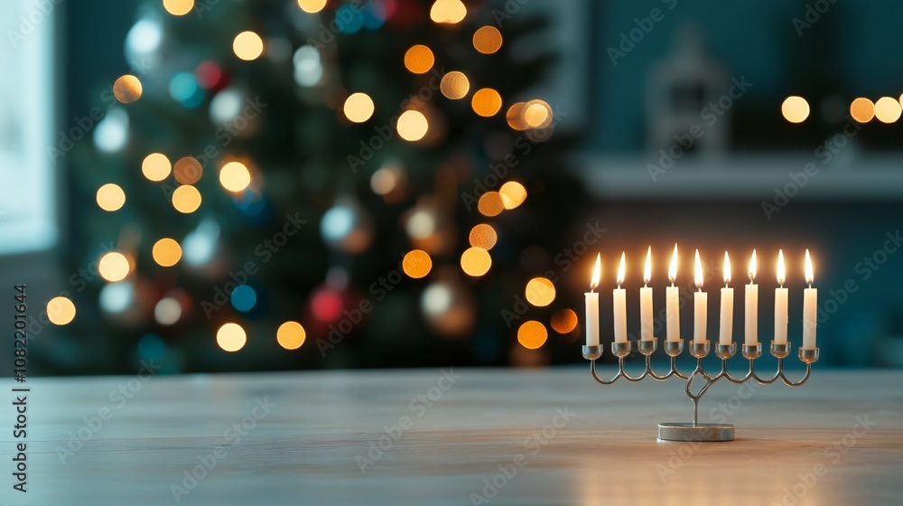 Festive Hanukkah Menorah with Christmas Tree Lights Background Festive Hanukkah Menorah with Christmas Tree Lights Background