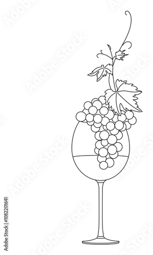 Glass of wine and cluster of grapes. Bunch of grapes. Vine. Vector line drawing on white or transparent background. Grapevine. Cluster of grapes