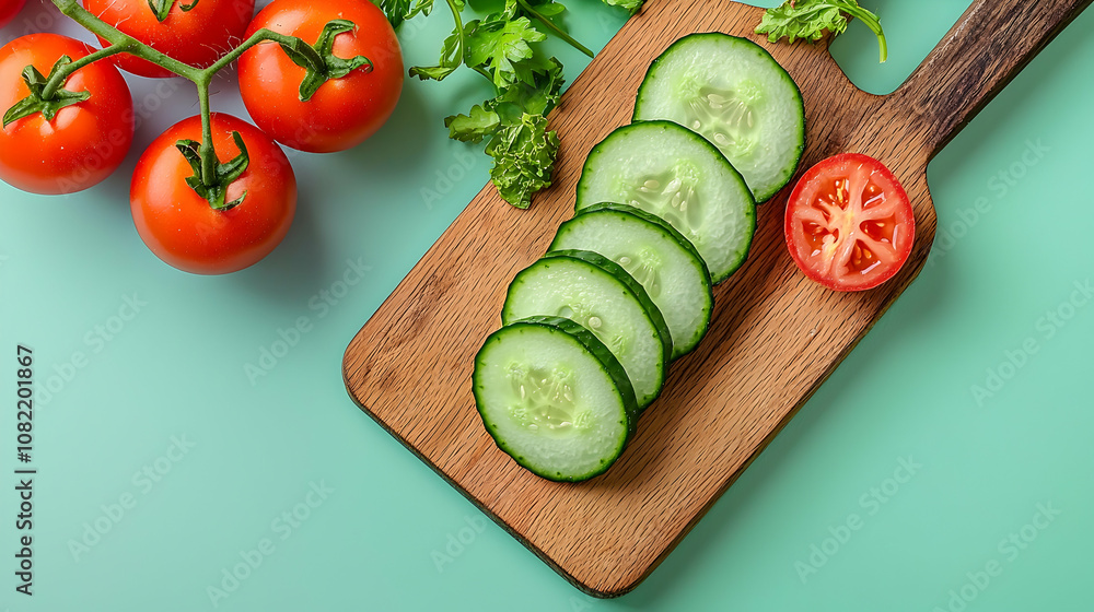 Fresh Sliced Cucumber and Tomatoes on a Wooden Cutting Board - Photo Fresh Sliced Cucumber and Tomatoes on a Wooden Cutting Board - Photo