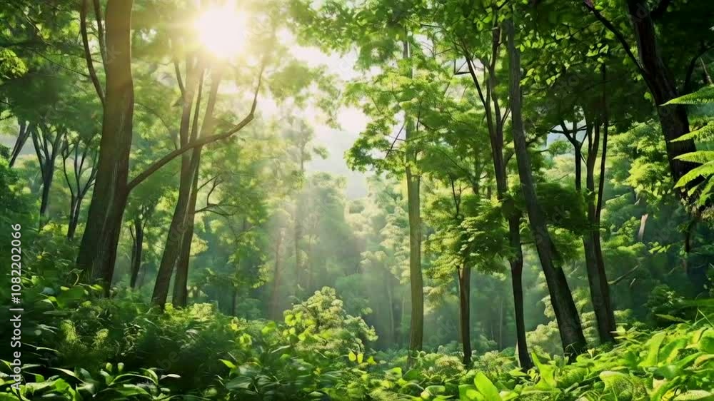 Lush green forest illuminated by sunlight, creating a serene and peaceful atmosphere. Lush green forest illuminated by sunlight, creating a serene and peaceful atmosphere.