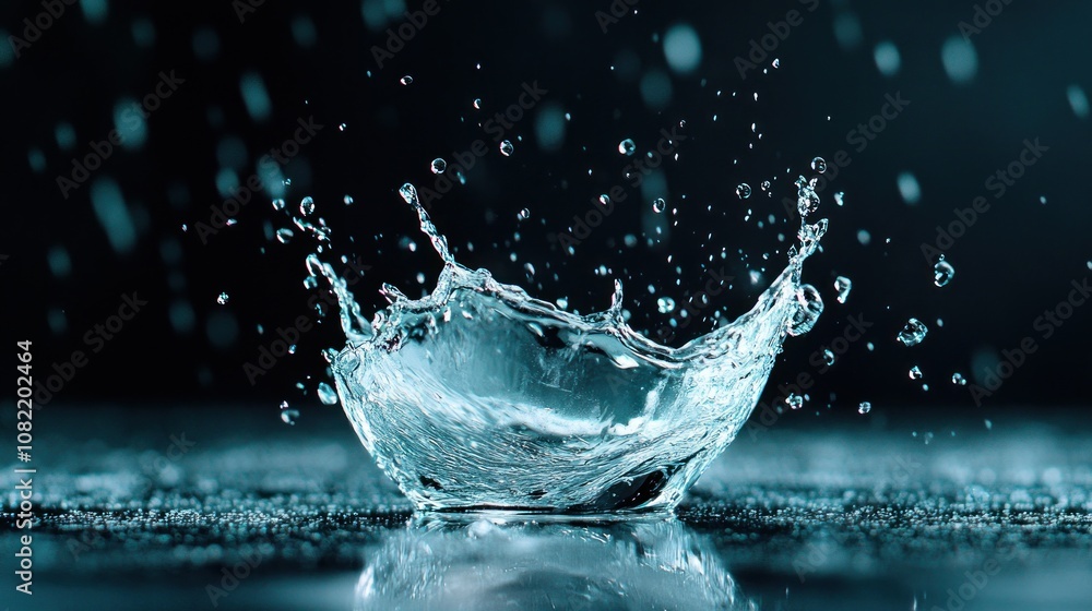 Water splash captured in motion against a dark background. Water splash captured in motion against a dark background.