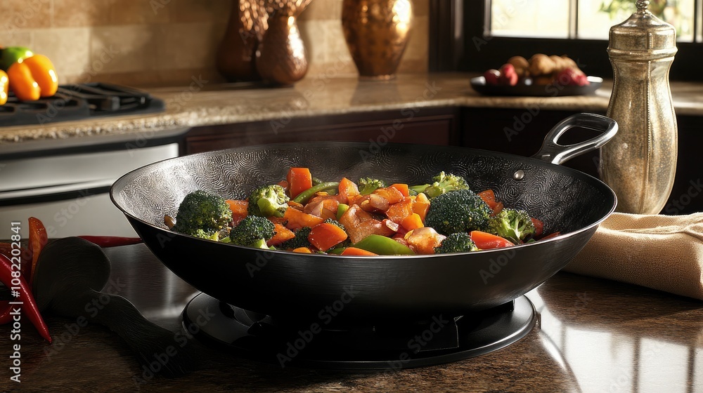 Colorful Stir-Fried Vegetables in a Wok on a Kitchen Countertop with Natural Light Illuminating Fresh Ingredients and a Cozy Home Atmosphere Colorful Stir-Fried Vegetables in a Wok on a Kitchen Countertop with Natural Light Illuminating Fresh Ingredients and a Cozy Home Atmosphere