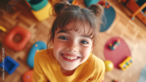 close up portrait of cute smiling white brunette girl with a big smile in a warm modern play area with colorful toys, looks at camera, High Angle Shot, concept of childhood and joy photo