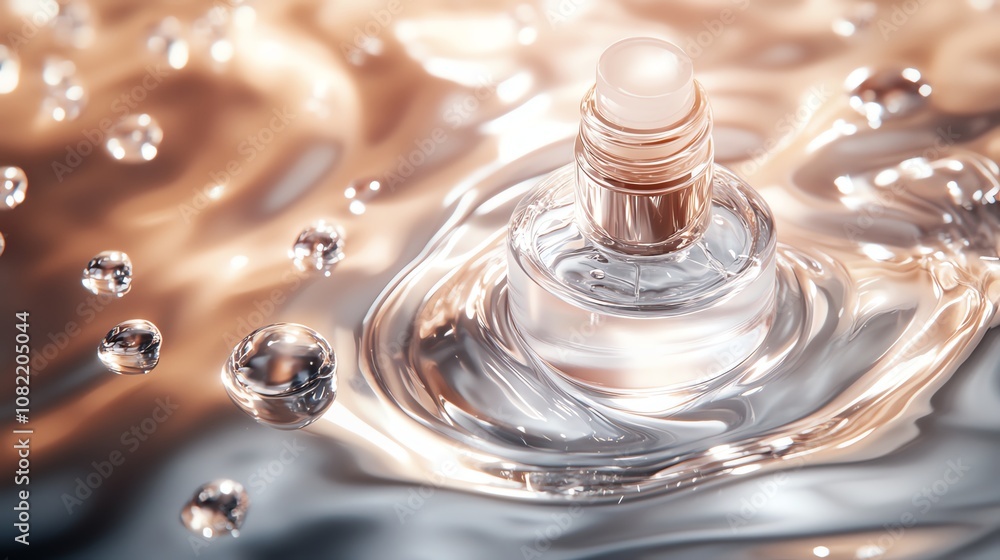 Elegant perfume bottle surrounded by delicate water ripples. Elegant perfume bottle surrounded by delicate water ripples.