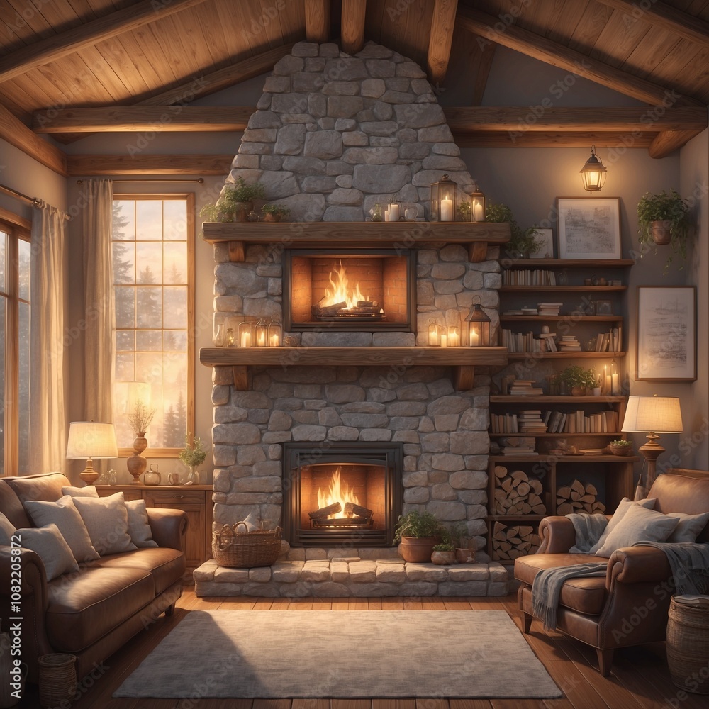 Cozy living room with a stone fireplace, warm lighting, and a relaxing atmosphere
Cozy living room with a stone fireplace, warm lighting, and a relaxing atmosphere