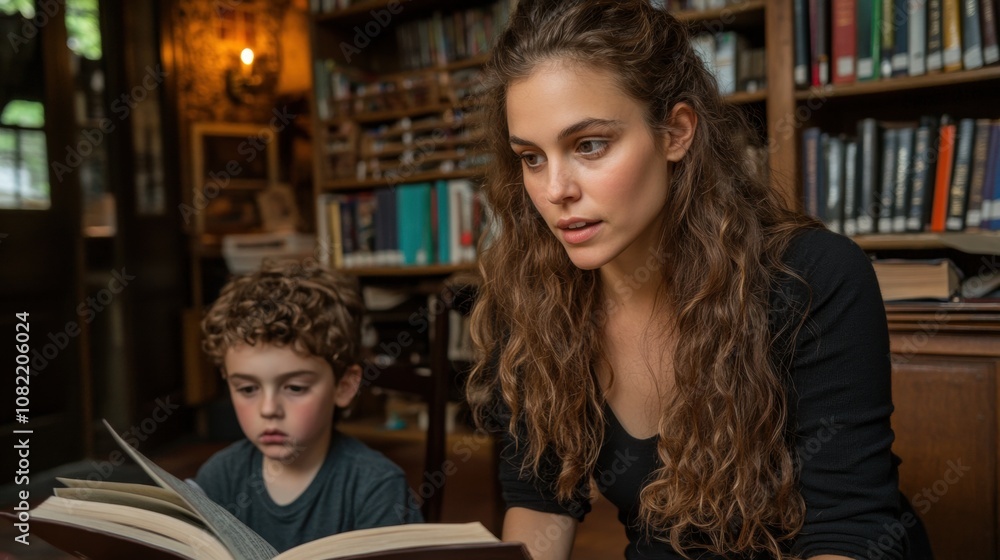 Young woman and child engaged in reading together in a cozy library setting, surrounded by shelves filled with books, fostering curiosity and learning. Young woman and child engaged in reading together in a cozy library setting, surrounded by shelves filled with books, fostering curiosity and learning.