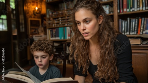 Young woman and child engaged in reading together in a cozy library setting, surrounded by shelves filled with books, fostering curiosity and learning.