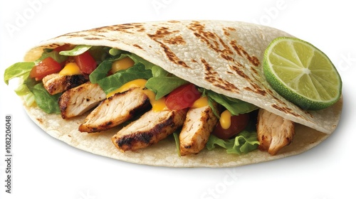 Fresh Grilled Chicken Taco Wrapped in Soft Tortilla with Lettuce, Tomato, Cheese, and Lime Slice, Perfect for a Delicious Meal or Snack