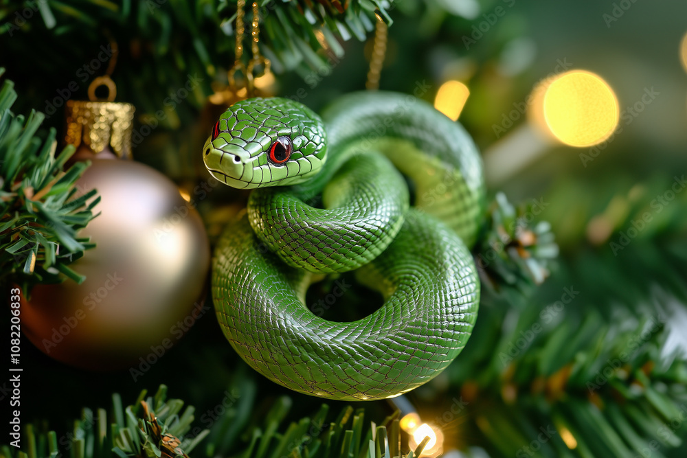 Fototapeta premium green snake toy on the Christmas tree