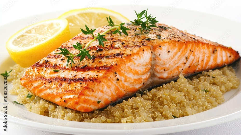 Grilled Salmon Steak on a Bed of Quinoa Garnished with Fresh Herbs and Lemon Slices Served in a White Plate for a Healthy Meal Presentation Grilled Salmon Steak on a Bed of Quinoa Garnished with Fresh Herbs and Lemon Slices Served in a White Plate for a Healthy Meal Presentation