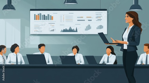 Professional Business Meeting with Female Presenter Engaging Audience in Modern Office with Visual Data Representations and Collaborative Atmosphere