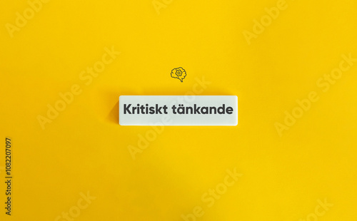 Critical Thinking Banner. Brain with Cogwheel Icon and Text on Block Letter Tile on Yellow Background. Minimal Aesthetic.