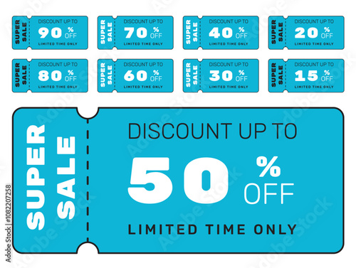 Set of sales, blue coupons, super sale banner, special offer, discount banner template, 50, 40, 60, 70 labels collection