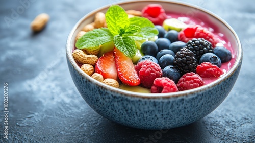 AÃ§aÃ­ bowl with fresh fruit, granola, and mint, a delicious and healthy breakfast option.