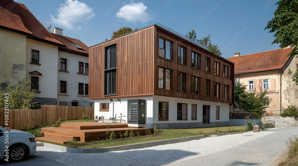 Modern Wooden-Clad Building: Contemporary Architecture in Urban Setting, Nestled Amongst Traditional Houses, Showcasing Sustainable Design Elements. Modern Wooden-Clad Building: Contemporary Architecture in Urban Setting, Nestled Amongst Traditional Houses, Showcasing Sustainable Design Elements.