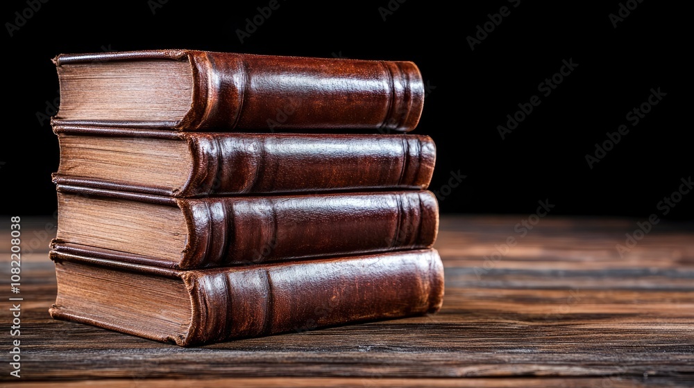 Stack of Old Leather-Bound Books on Wooden Table Stack of Old Leather-Bound Books on Wooden Table