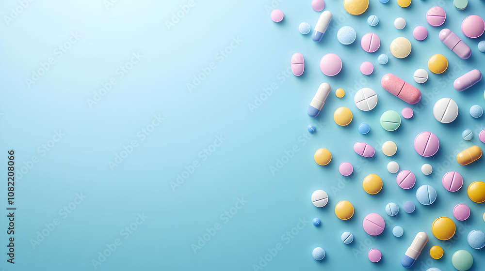 Pastel-Colored Pills and Capsules Scattered on a Light Blue Background: A 3D Rendered Medical Illustration Pastel-Colored Pills and Capsules Scattered on a Light Blue Background: A 3D Rendered Medical Illustration