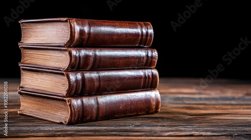 Stack of Old Leather-Bound Books on Wooden Table