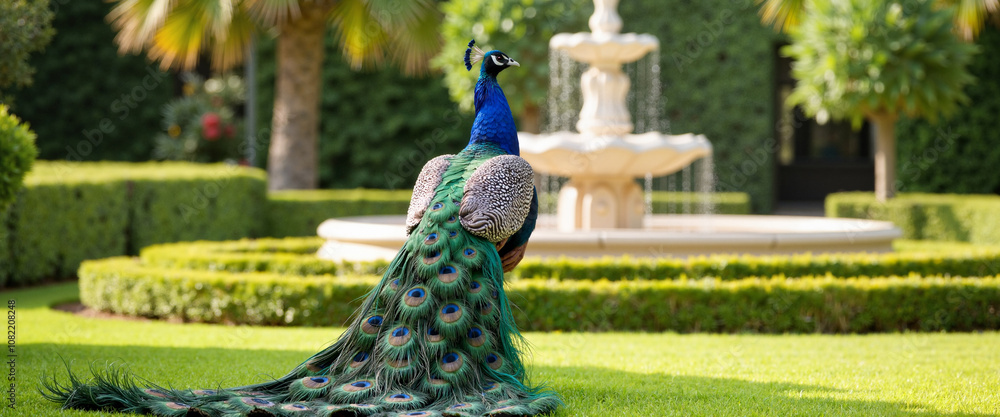 Obraz premium Majestic peacock in elegant garden with fountain