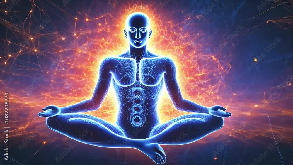 Inner Radiance: A serene figure sits in a lotus position, radiating vibrant energy. Intricate details highlight chakras and energy flows. Inner Radiance: A serene figure sits in a lotus position, radiating vibrant energy. Intricate details highlight chakras and energy flows.