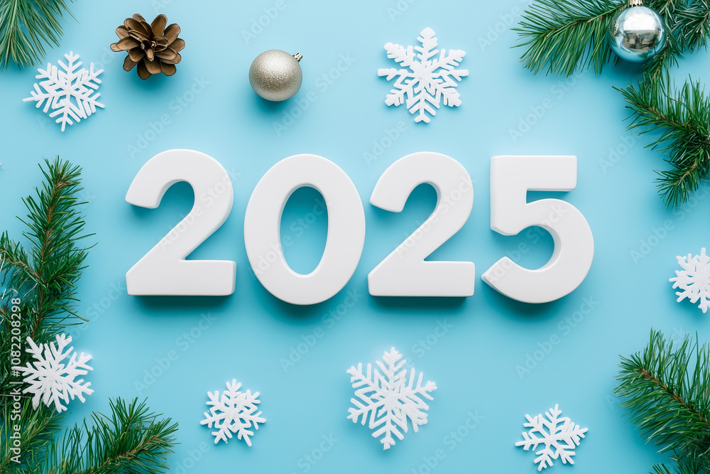 white numbers 2025 with New Year decorations on a blue background white numbers 2025 with New Year decorations on a blue background