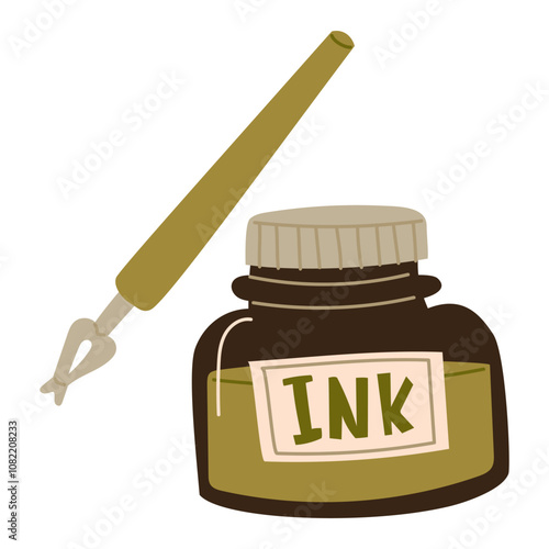 A color image of an inkwell in dark glass with a modern fountain pen on a white background. An isolated writing object. A jar of green ink in the pen. Vector illustration for poets, letters