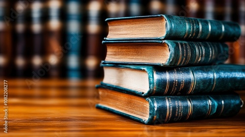 Stack of Books on Wooden Desk in Library