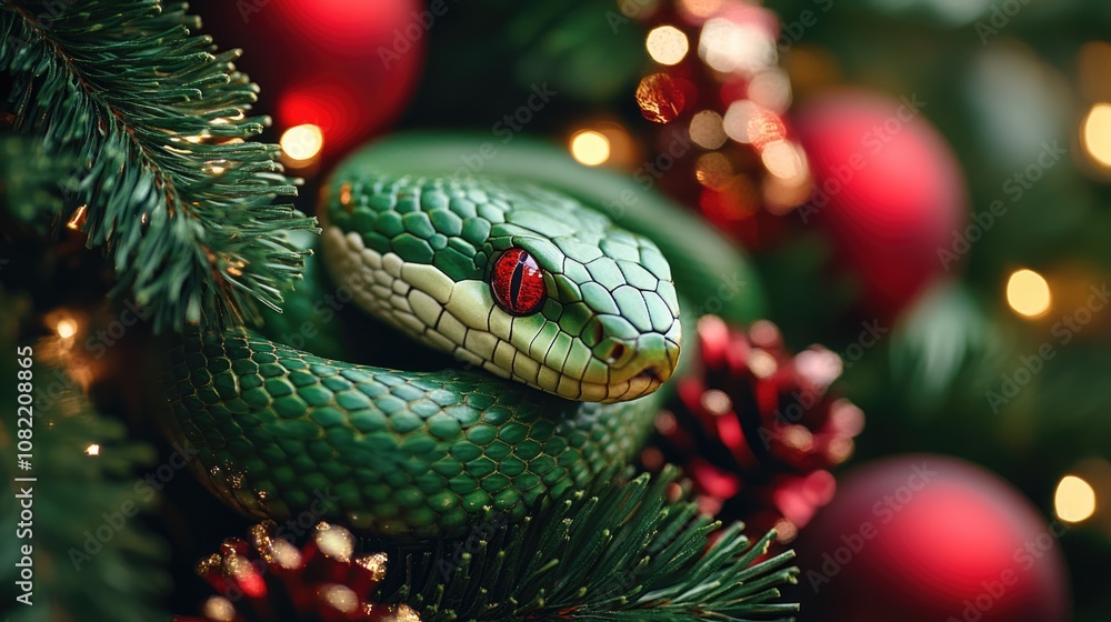 Green snake on the background of a decorated Christmas tree. Symbol of the new year. Green snake on the background of a decorated Christmas tree. Symbol of the new year.