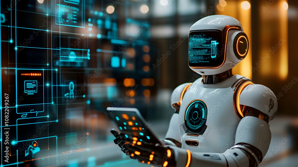 Advanced Robot Analyzes Digital Data on a Tablet in Futuristic Setting Advanced Robot Analyzes Digital Data on a Tablet in Futuristic Setting