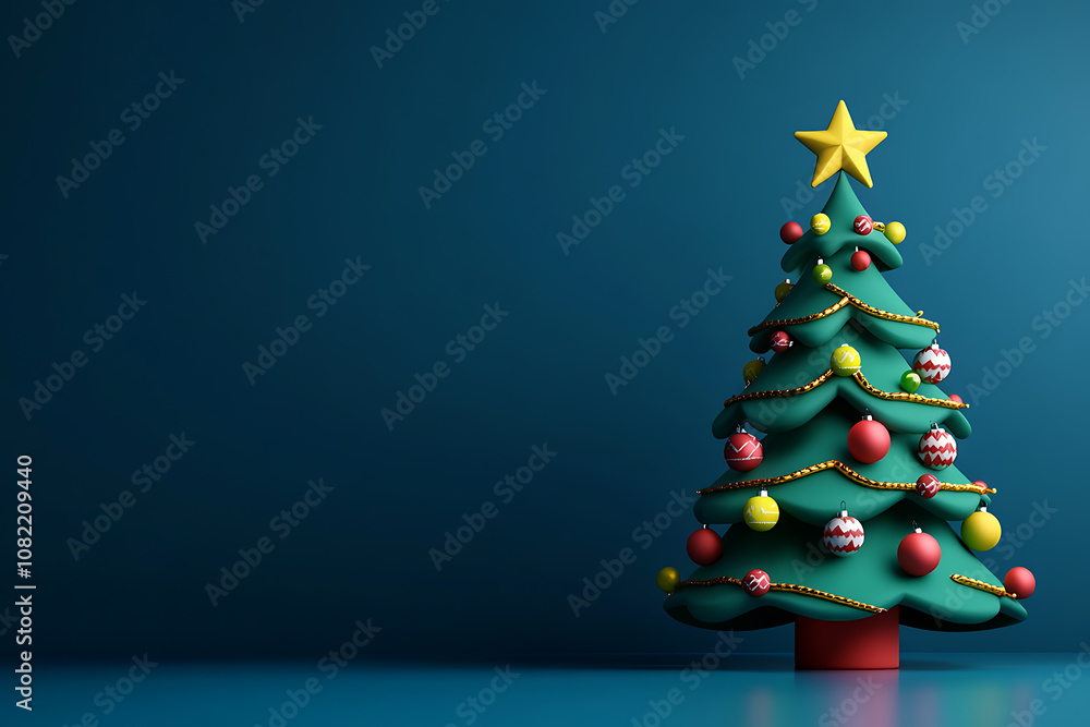 A festive 3D render of a Christmas tree in a playful, cartoony style, adorned with bright ornaments and a star on top. A festive 3D render of a Christmas tree in a playful, cartoony style, adorned with bright ornaments and a star on top.
