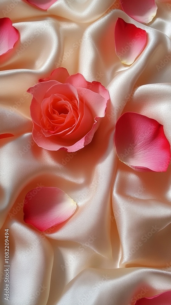Delicate pink rose blossom nestled on silky white fabric, surrounded by scattered soft petals, creating a romantic and luxurious Valentine's Day or wedding ambiance. Delicate pink rose blossom nestled on silky white fabric, surrounded by scattered soft petals, creating a romantic and luxurious Valentine's Day or wedding ambiance.