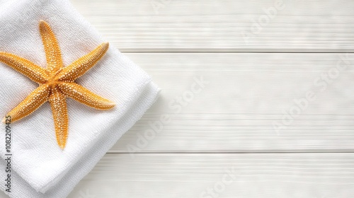 A serene summer setting with a starfish on a white towel, perfect for beach-themed designs and personal branding opportunities photo