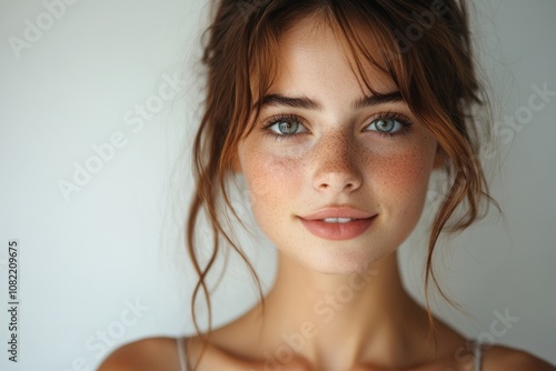 Portrait of a young girl with a sweet smile on a plain background.