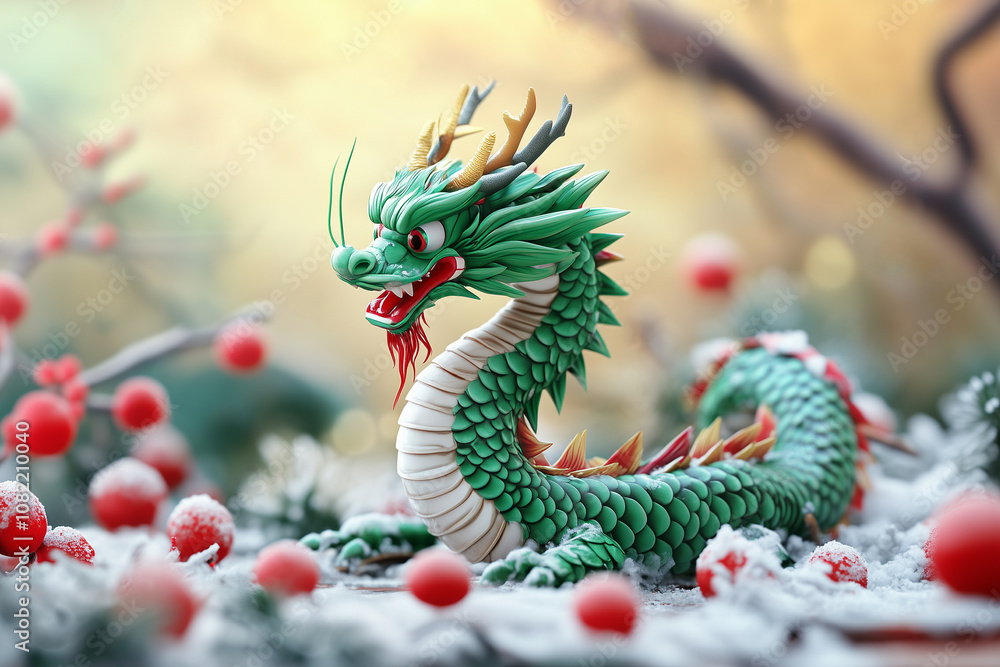Chinese dragon with red apples in winter background Chinese dragon with red apples in winter background