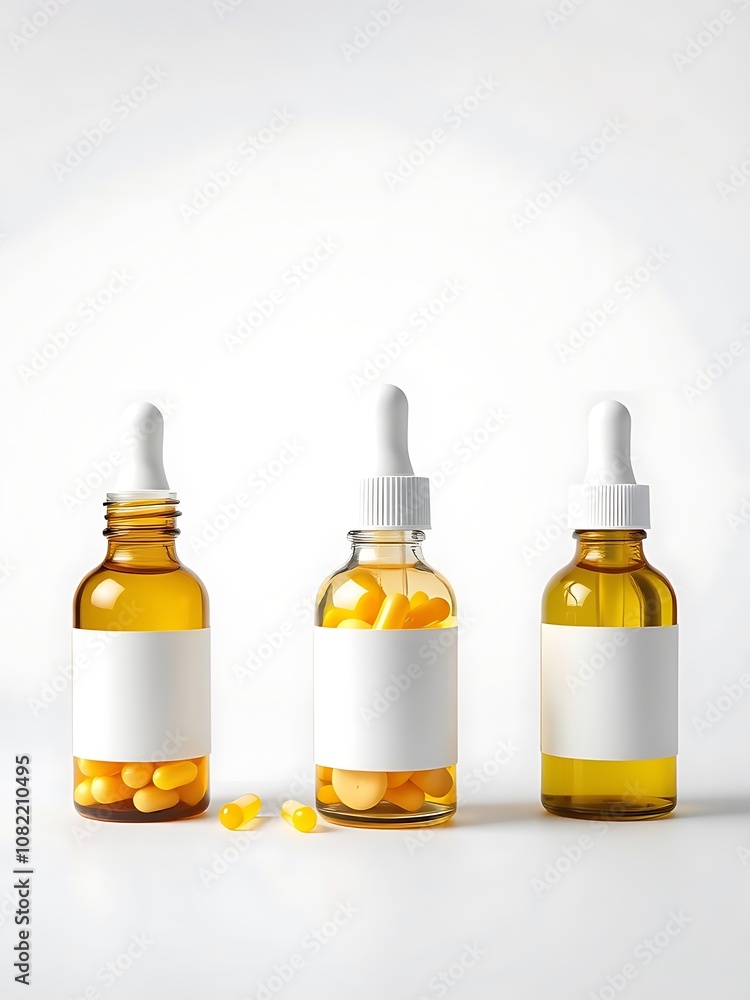 Golden Supplements in Glass Bottles with Dropper Tops on a White Background. AI Generated Golden Supplements in Glass Bottles with Dropper Tops on a White Background. AI Generated