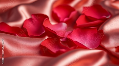 Delicate red rose petals scattered on silky fabric create a romantic and sensual atmosphere, perfect for Valentine's Day or expressing love and passion.