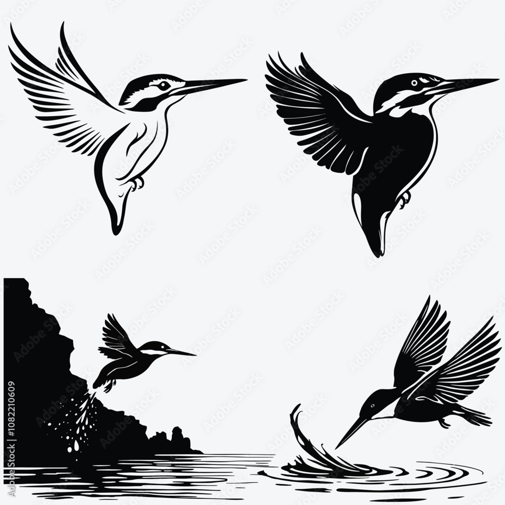 Obraz premium Minimalist Kingfisher bird Silhouette Isolated on White Background