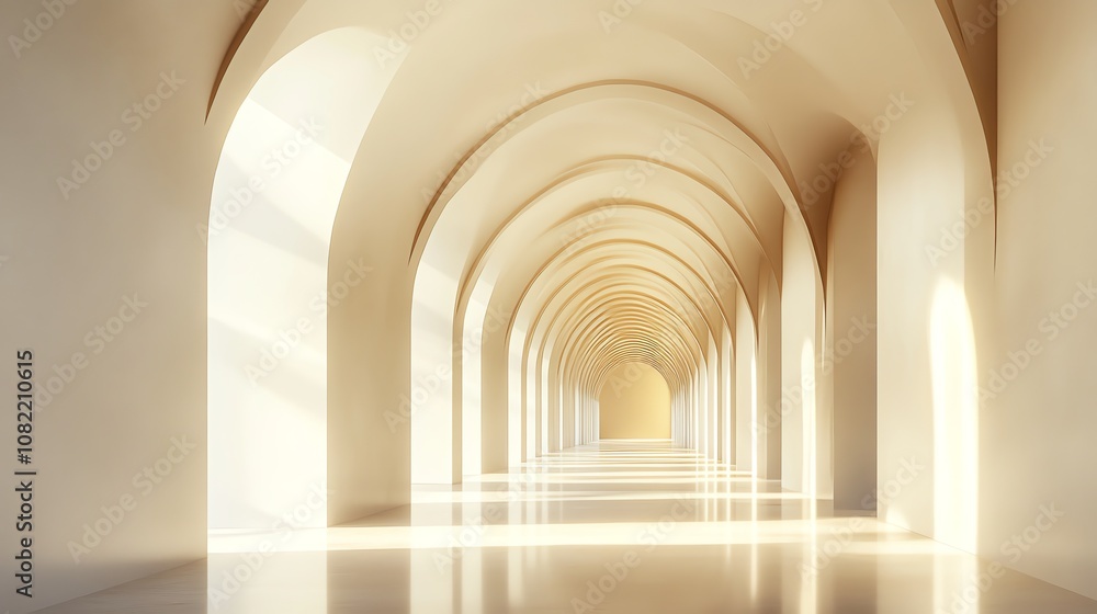 A long, white hallway with arches leading to a warm, inviting light at the end. A long, white hallway with arches leading to a warm, inviting light at the end.