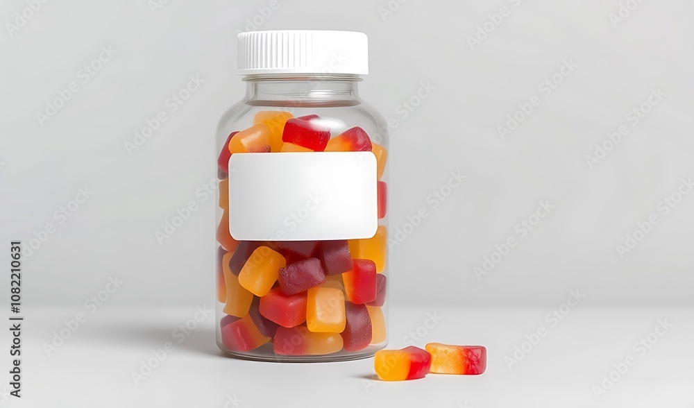 Colorful Gummy Vitamins in a Glass Bottle on a White Background. AI Generated Colorful Gummy Vitamins in a Glass Bottle on a White Background. AI Generated