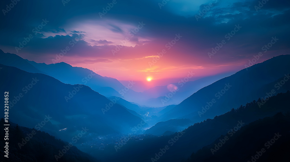Obraz premium Silhouetted Mountain Range with Sunset Background Image