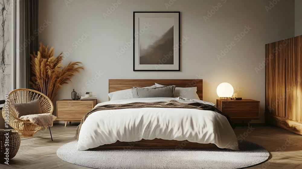 Modern Minimalist Bedroom Design: A Calming Space with Wooden Bed, Neutral Tones, and Textured Decor