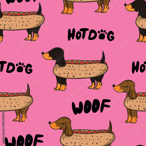 A fun hand drawn pattern with dachshunds. Cute dogs seamless pattern.
