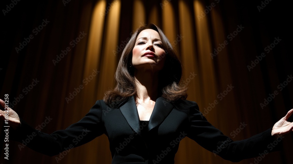 Confident Businesswoman Empowering Audience with Inspiring Speech Under Spotlight in Dramatic Stage Lighting Confident Businesswoman Empowering Audience with Inspiring Speech Under Spotlight in Dramatic Stage Lighting