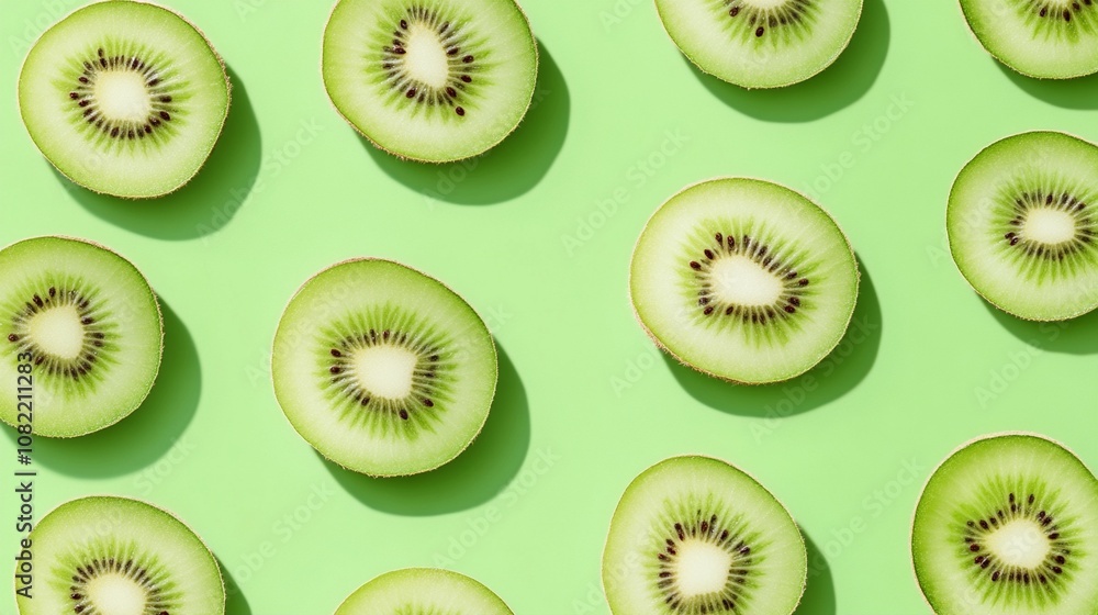 Fototapeta premium Vibrant kiwi fruit halves arranged in a neat pattern on a light green background, showcasing their juicy flesh and distinctive black seeds.